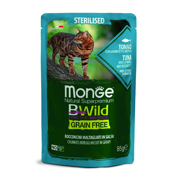 پوچ گربه عقیم شده مونژه Bwild طعم ماهی تن و میگو و سبزیجات
