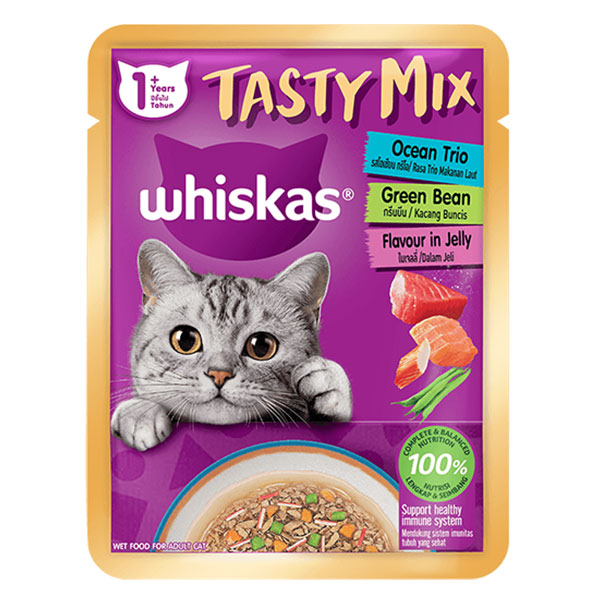 پوچ گربه Tasty Mix ویسکاس طعم ماهی های اقیانوسی و لوبیا سبز در ژله