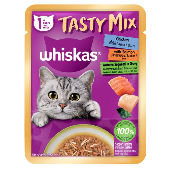 پوچ گربه Tasty Mix ویسکاس طعم مرغ با سالمون و جلبک دریایی واکامه در سس